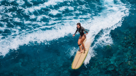 Woman surfer rides on longboard on ocean wave. Drone view of woman during surfingの写真素材