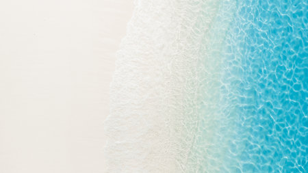 Tropical white sand beach with turquoise ocean water, aerial view. Top view of paradise beach in tropics with blue seaの写真素材