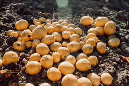 Fresh potato on soil in farmland with sunlight. Natural vegetables