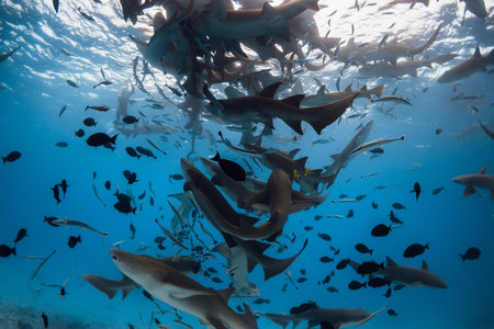 A lot of nurse sharks on deep in tropical blue ocean.の写真素材