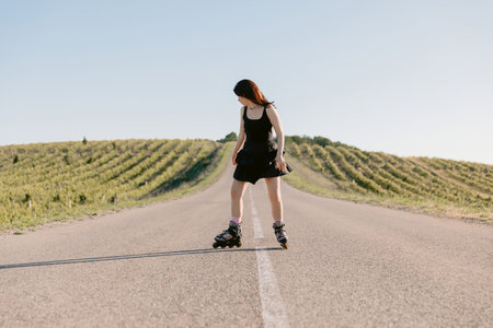 Young woman roller skating on empty rural road between green fields, active lifestyle and freedom...