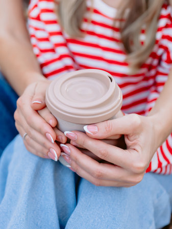 Mother with child holding in hands cup of coffeeの写真素材