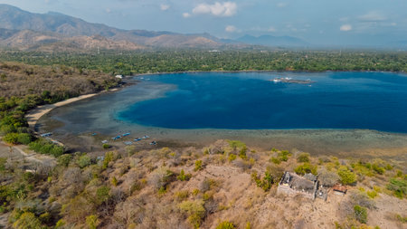 Landscape on West Bali with blue ocean and mountains in Pemuteranの写真素材