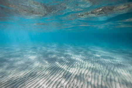 Scenic underwater view of sandy seabed with sun rays shining through clear blue ocean water