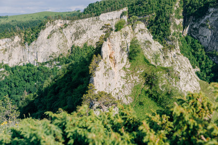 Dramatic rocky cliff surrounded by lush forest and green hillsの写真素材
