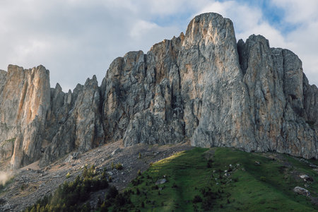 Bolshoy Tkhach mountain with rocks and sunset sunlight. The Caucasus Mountains.の写真素材