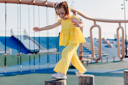 Little girl in yellow balancing on playground stumps, focused and active on a sunny day.の写真素材