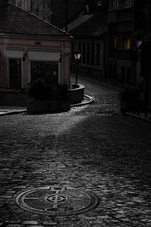Old cobblestone street at night. The cobbles are reflecting the moonlight.のeditorial素材