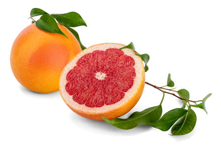 Side view and cross section of a Red Ruby grapefruit on white background. The grapefruit was bred in the 18th century as a cross between a pomelo (Citrus maxima) and an orange.の写真素材