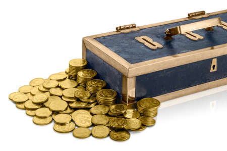 Pile of gold coins and old rusty strongbox with brass edges.の写真素材