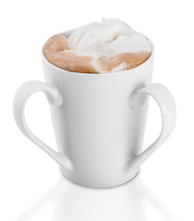 Coffee for two. A coffee cup with two handles, isolated on white background. Sharing Concept.の写真素材