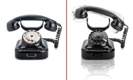 The power of retouch. An old bakelite telephone, with rotary dial and a curled black cord, before and after digital restoration.の写真素材