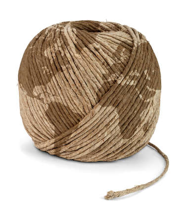 Ball of rope with Earth pattern, isolated on a white background.の写真素材