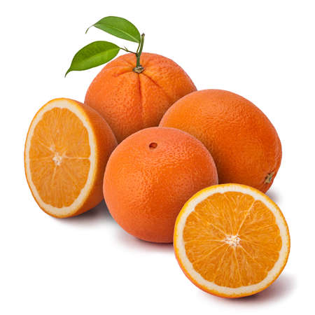 A few perfectly fresh oranges, whole and halves. The orange is a hybrid, between pomelo (Citrus maxima) and mandarin (Citrus reticulata). Sweet oranges were mentioned in Chinese literature in 314 BC.の写真素材