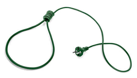 Green power cable and plug with noose on other end. Green energy controversy concept. Renewable energy is not working. Too much cost, not enough output or too little emissions reduction.の写真素材