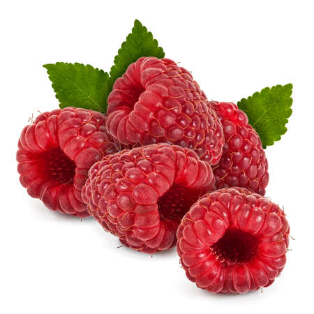 Ripe raspberries with leaves isolated on a white background. High resolution, close-up image.の写真素材