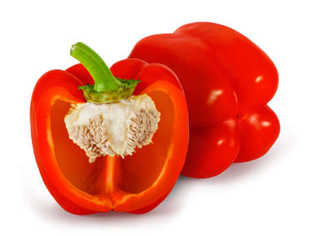 Red Bell Pepper (Capsicum annuum), whole and half, isolated on white background.の写真素材