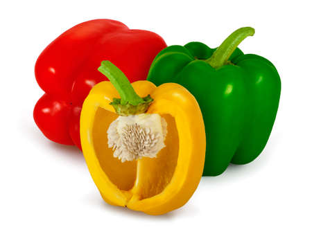 Two and a half colorful Bell Peppers (Capsicum annuum), isolated on white.の写真素材