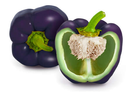 Whole and one cut in half Bell Peppers (Capsicum annuum), isolated on white. The main colors of bell peppers are green, yellow, orange and red. More rarely, color can dark purple.の写真素材