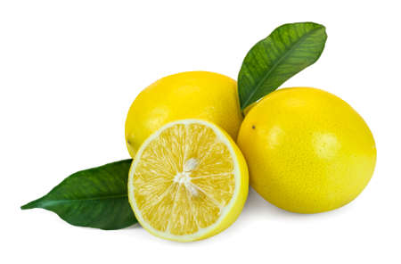 Two and a half juicy lemons with leaves on a white background.の写真素材