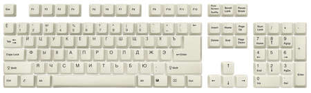 Russian cyrillic layout. Top view of keys, from a white classic desktop Russian cyrillic keyboard, isolated on white. High resolution image. Clipping path included.の写真素材