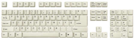 Turkish keyboard, F Layout. Top view of keys, from a white classic desktop keyboard, isolated on white. Full alphabet and numbers. High resolution image. Clipping path included.の写真素材