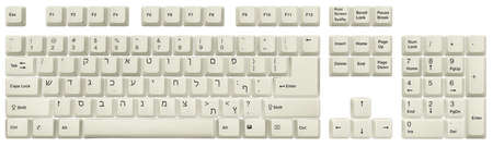 Hebrew keyboard. Top view of keys, from a white classic desktop keyboard, isolated on white. Full alphabet and numbers. High resolution image. Clipping path included.の写真素材