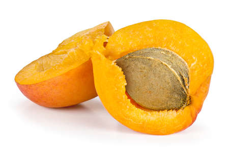 One ripe organic apricot (Prunus armeniaca) split in half, with juicy flesh and seed, isolated on a white background.の写真素材