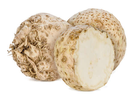 Organic Celeriac (Celery Root) is a gnarled looking light brown root, very bumpy and resembling a large turnip.の写真素材