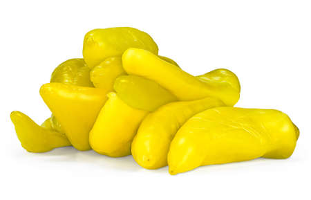 Fresh yellow pickled paprika pile for winter storage, peppers isolated on white background.の写真素材