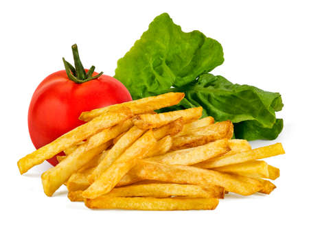 Fresh fried french fries with tomato and lettuce, on a white background.の写真素材