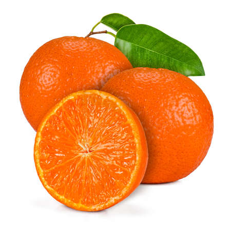 Two and a half fresh Mandarin oranges (Citrus reticulata), with leaves, on a white background.の写真素材