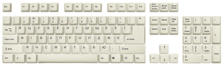 Ukrainian Cyrillic keyboard layout. Top view of keys, from a white classic desktop standard Ukrainian keyboard, isolated on white. High-resolution image.の写真素材