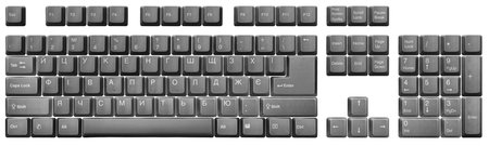 Ukrainian Cyrillic keyboard layout. Top view of keys, from a black classic desktop standard Ukrainian keyboard, isolated on white. High-resolution image.の写真素材