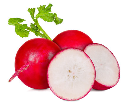 Two whole red Radish and one halved, isolated on a white background.の写真素材