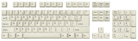 French AZERTY keyboard is used in France and Belgium. The top view of keys, from a classic white desktop keyboard, is isolated on white. Complete alphabet and numbers. High-resolution image.の写真素材