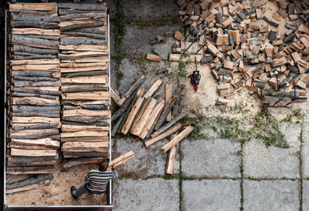 An unrecognized person unloads firewood from a truck. Chainsaw set down by cut logs in a backyard. A bird's-eye view.の写真素材