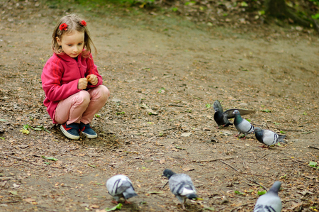 Curly Girl feeds urban pigeons pigeons in the park.の写真素材