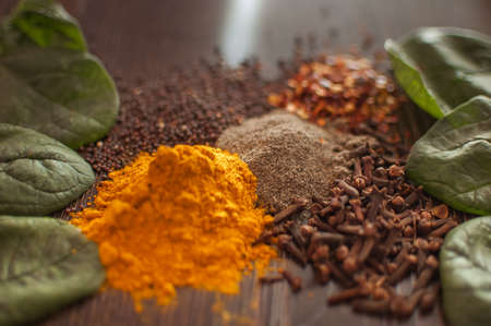 Sorted spices on dark wood background, seasonings for food. Top view of curry, paprika, pepper, cloves, bay leaf, turmeric, spices concept.の写真素材