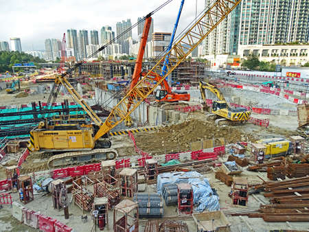 Hong Kong, China - February 13, 2016: Large construction site in the district Yau Ma Tei in Hong Kong, at day.のeditorial素材