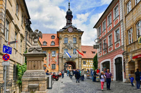 Bamberg, Germany - July 12, 2018: Tourists in the historic old town of Bamberg (Germany), bridge over the River Regnitz and Old Town Hallのeditorial素材
