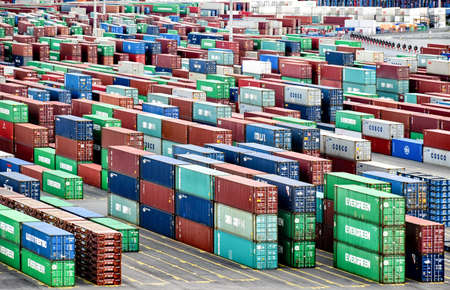 Hamburg, Germany - August 4, 2018: View over many rows of stacked containers at the terminal Steinwerder of the Port of Hamburg.のeditorial素材