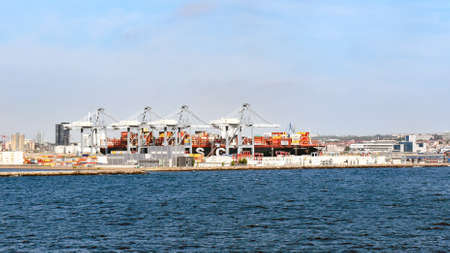 Aarhus, Denmark? July 20, 2017: Panorama of the port of Aarhus in Denmark. The container ship MSC INGY has been docked in the port and is being loaded and unloadedのeditorial素材