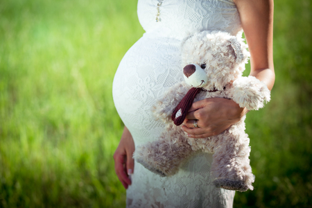 Toy bear cub against a stomach of the pregnant woman. The pregnant woman with a toy bear cub are walking on a meadowの写真素材