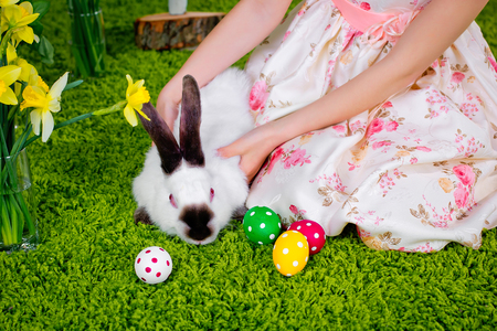 The girl is playing with an Easter rabbit and Easter eggs on a green carpetの写真素材