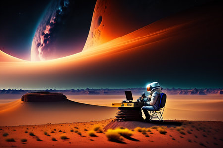 Astronaut working on his laptop in the desert. 3D rendering