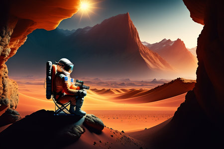 Astronaut sitting in the desert and playing guitar. 3D renderingの写真素材