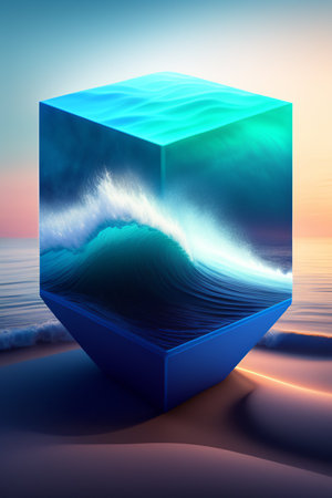 3d illustration of blue cube with waves on the seashoreの写真素材