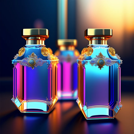 Transparent perfume bottles on a dark background. 3d illustration.の写真素材