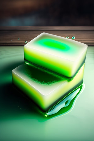 3D rendering of a green soap on a wooden surface in waterの写真素材
